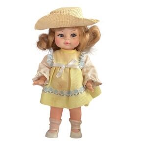 Horsman 1970s Doll Big Eye Blonde Hair Straw Hat Yellow Dress Vintage‎ Toy 12"